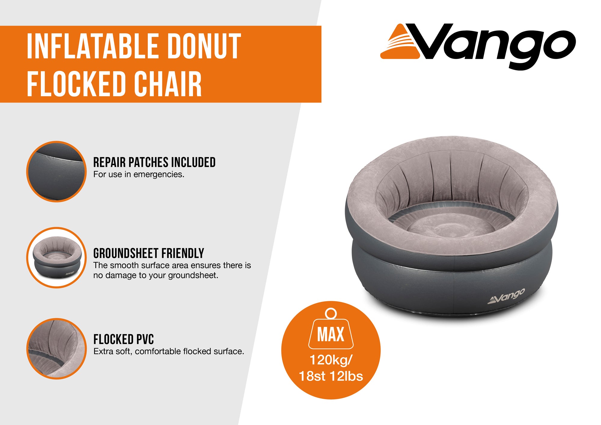 Vango Inflatable Chair Vango Inflatable Donut Flocked Chair Dark Grey | Newquay Camping ...